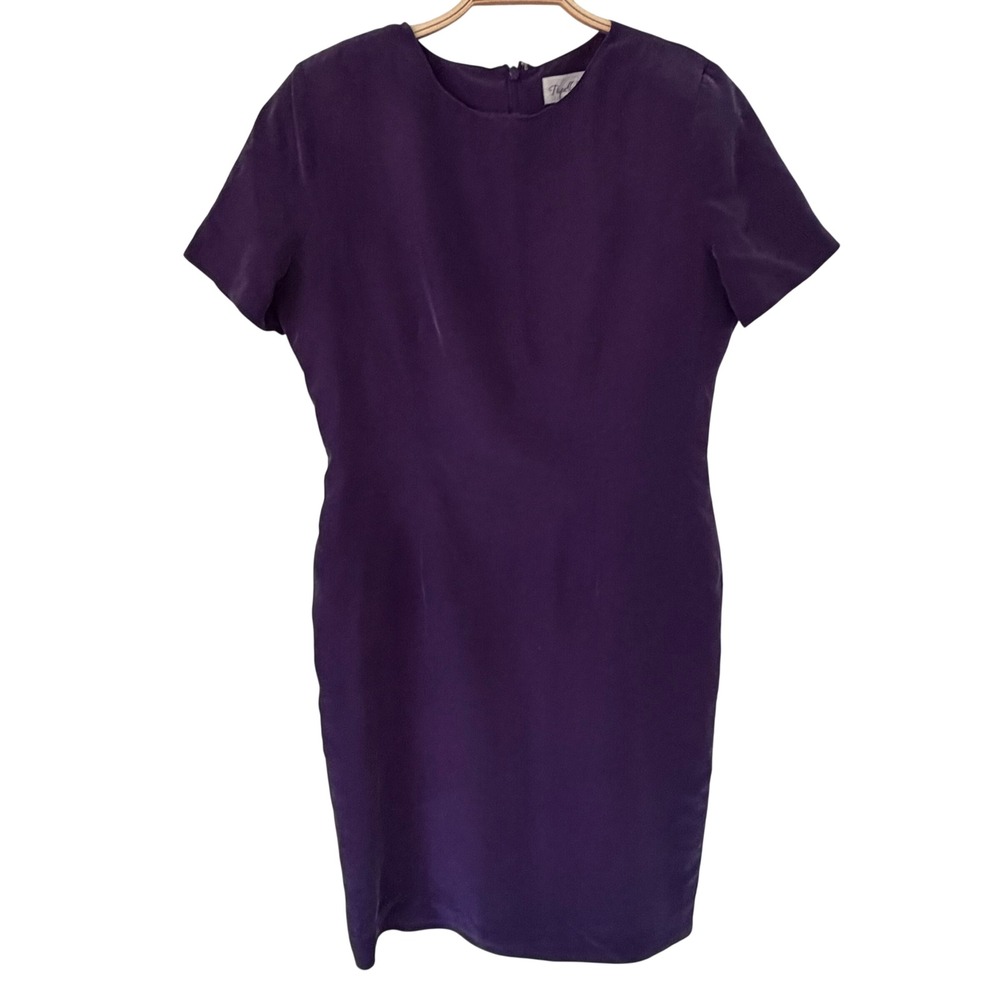 Papell Too Purple 100% Silk Sheath Dress Short Sleeve Round Neck Size 12 Vintage